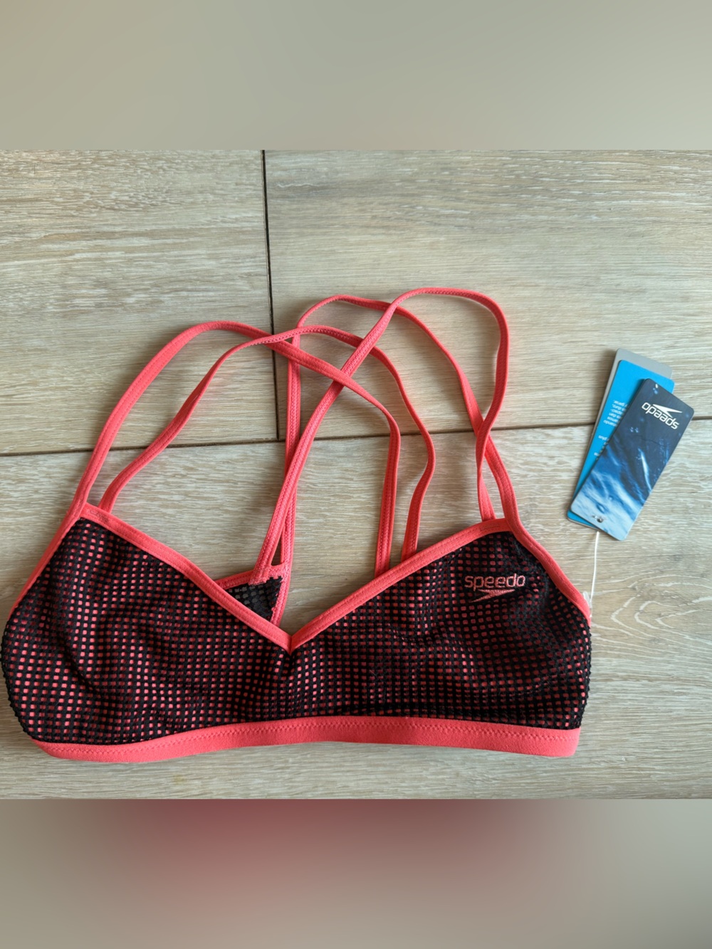 New Speedo Coral and Black Mesh Strappy Swim Sports Top - sexy